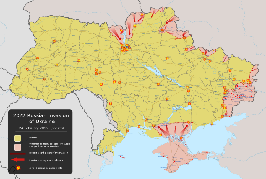 This map documents  instances of Russian incursion into Ukraine as of Feb. 24.