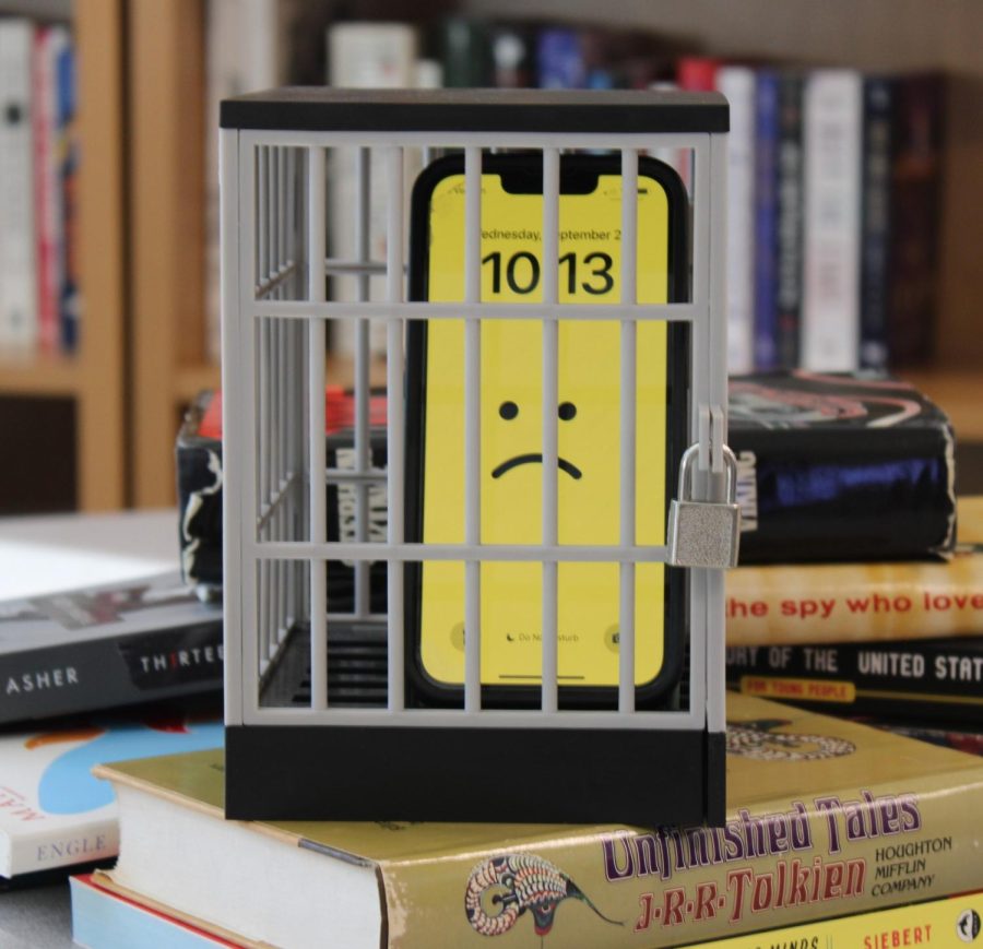 A sad phone sits in jail