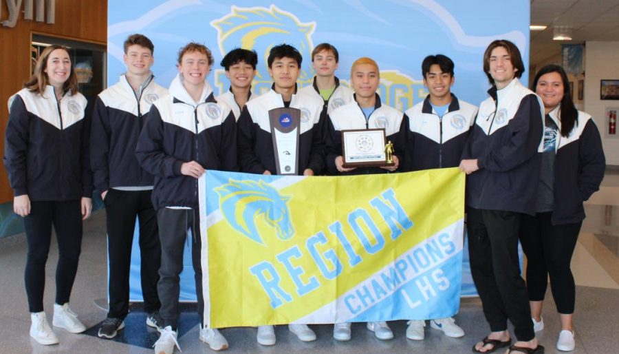 Boys Swim Team members and their two coaches stand in front of a LHS region champions banner.