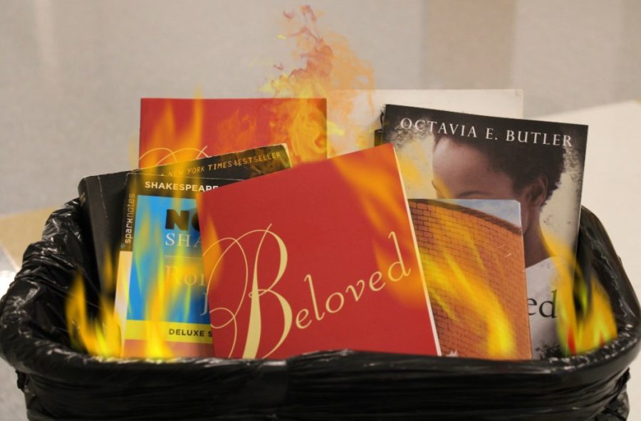 A bunch of novels are in a trash can and are on fire.