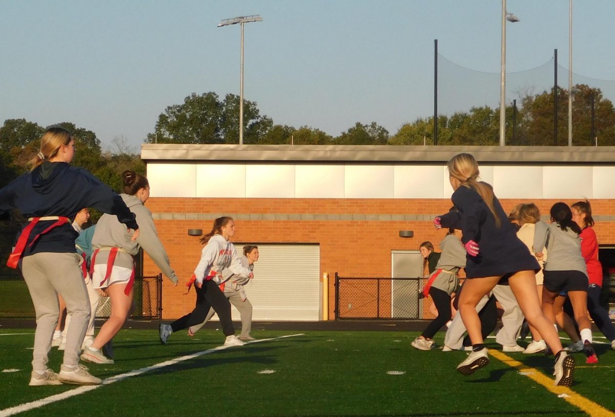 The senior team scrimmages in preparation for the Powder Puff game.