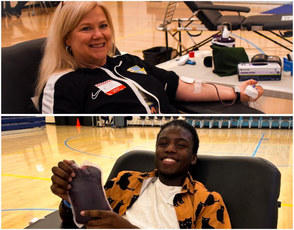 Assistant Principal Dr. Kim Jackson (top) and senior Tre Holley (bottom) give blood.