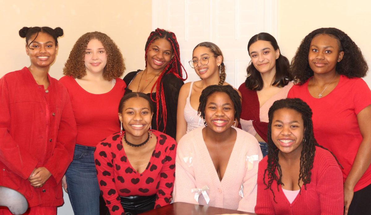 Seniors (back row left to right) Yelena Snipe, Alivia Mcafee, Mia Jones, Kaycee Christopher, Mariam Ismail, Nadia Gilchrist-Leslie, (front row left to right) Kennedy Ricks, Sabry Tate, and Sydney Tate, get together to celebrate Galentine's Day and each other.
