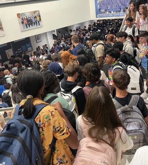 The main staircase and area in front of the cafeteria get crowded between flex periods, with half the student body going to lunch and the other half going to their flex block.